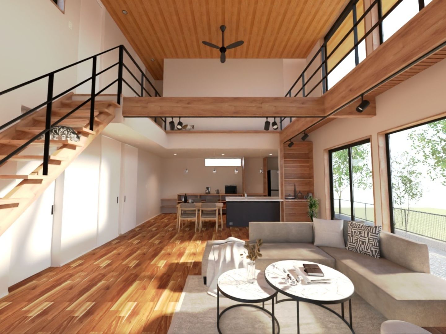 梁を見せた無垢のリビング